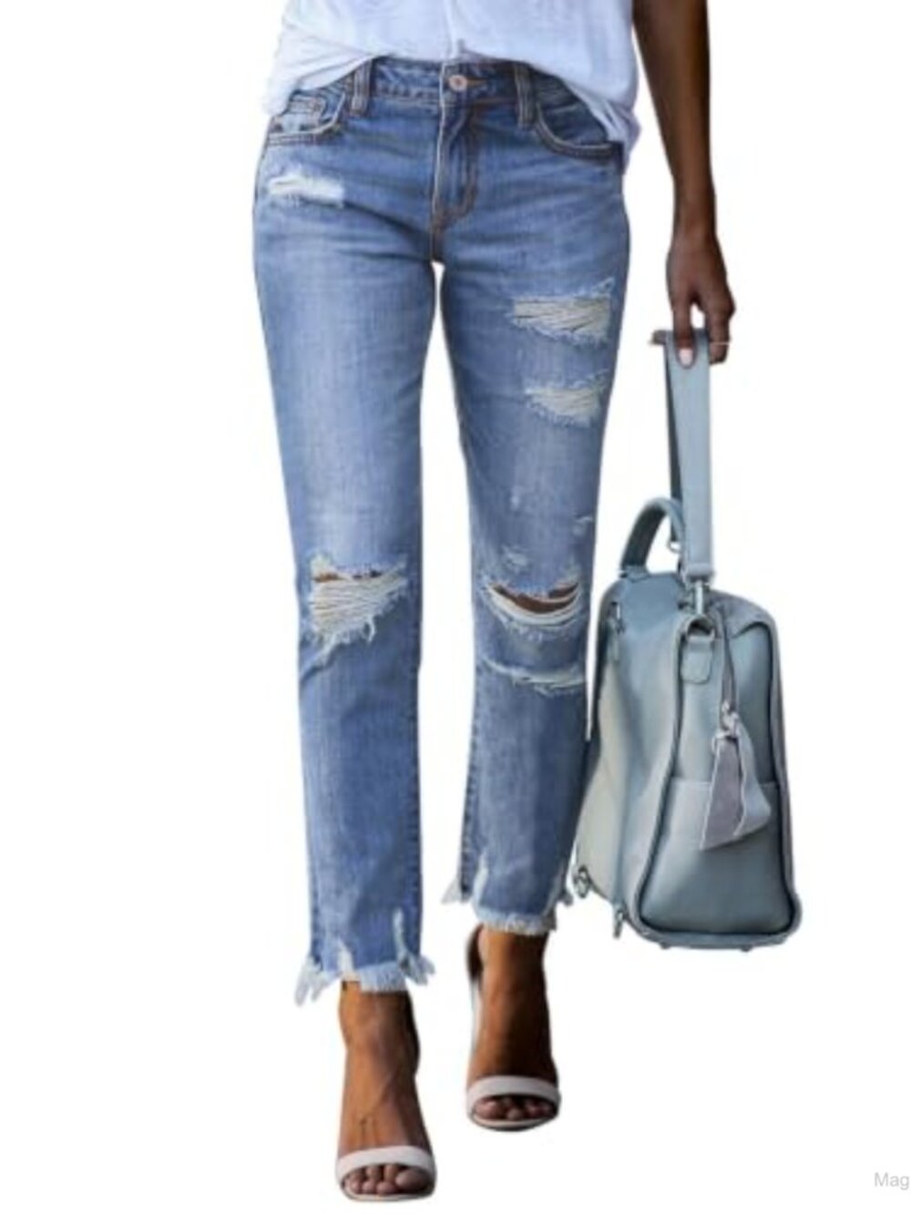 Ripped Straight Leg Distressed Boyfriend Jeans High Rise Stretch Denim